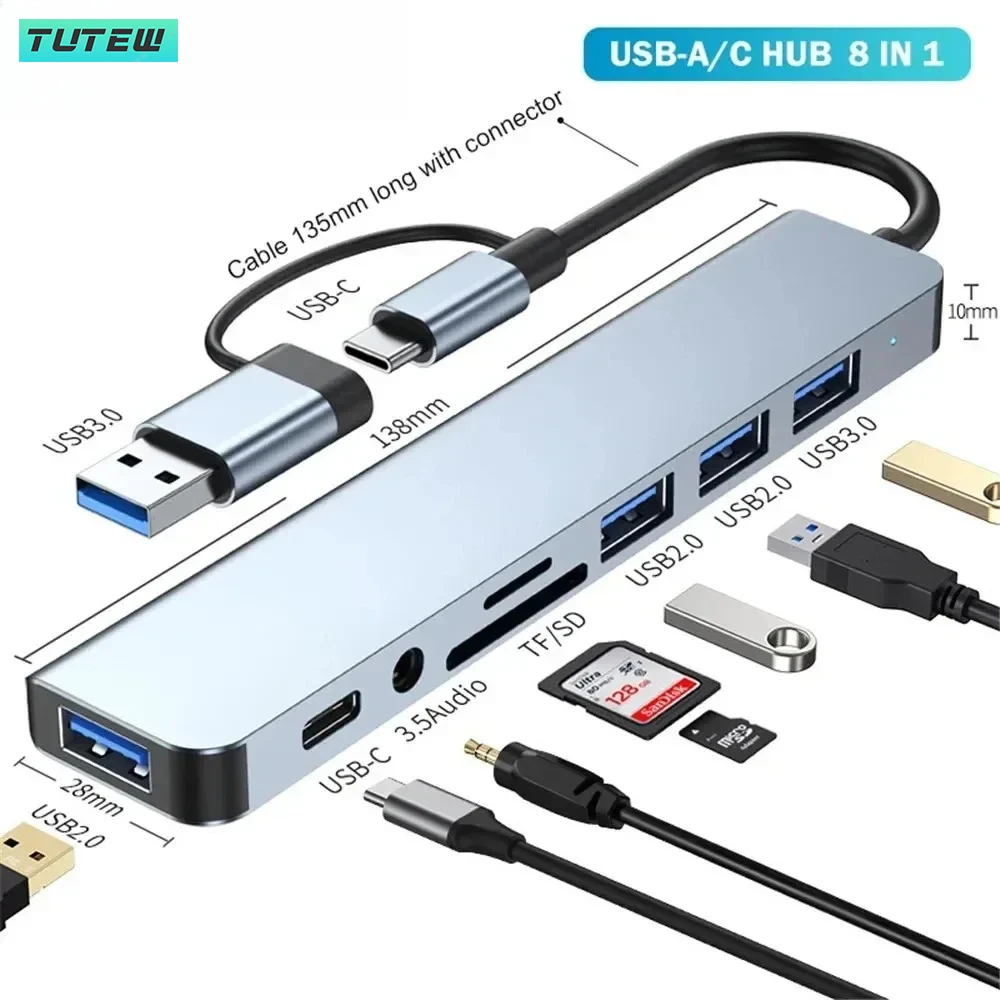 Laptop Accessories Hub - 8-in-1 USB C-hub USB-splitter USB-extender met