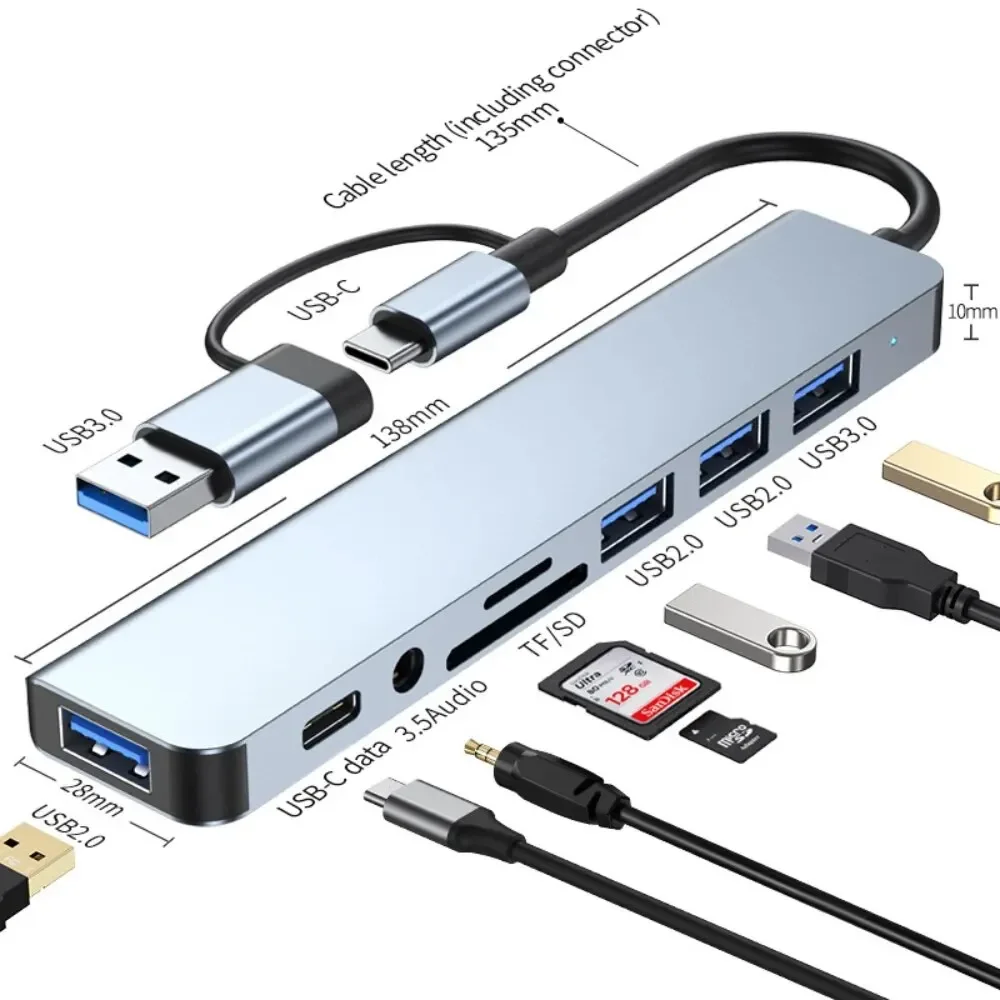Laptop Accessories Hub - 8-in-2 USB-C-hub met 3.0 SD/TF-kaartlezer Multi-poortadapter